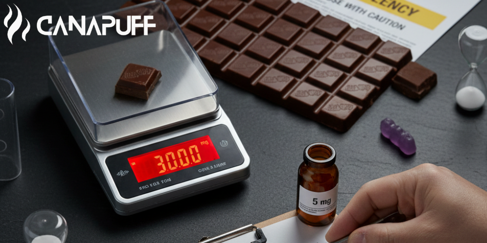 Canapuff chocoladestukje op een precisieweegschaal met doseerflesje en chocoladereep