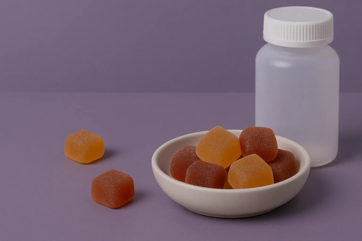 CBD- en CBN-melatonine gummies in een kom met fles op een paarse achtergrond