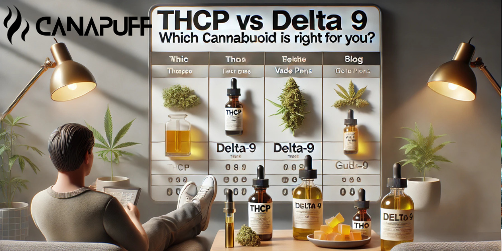 Canapuff vergelijkingsinfographic van THCP- en Delta 9-cannabinoïdeproducten met tincturen, oliën en cannabisbloem