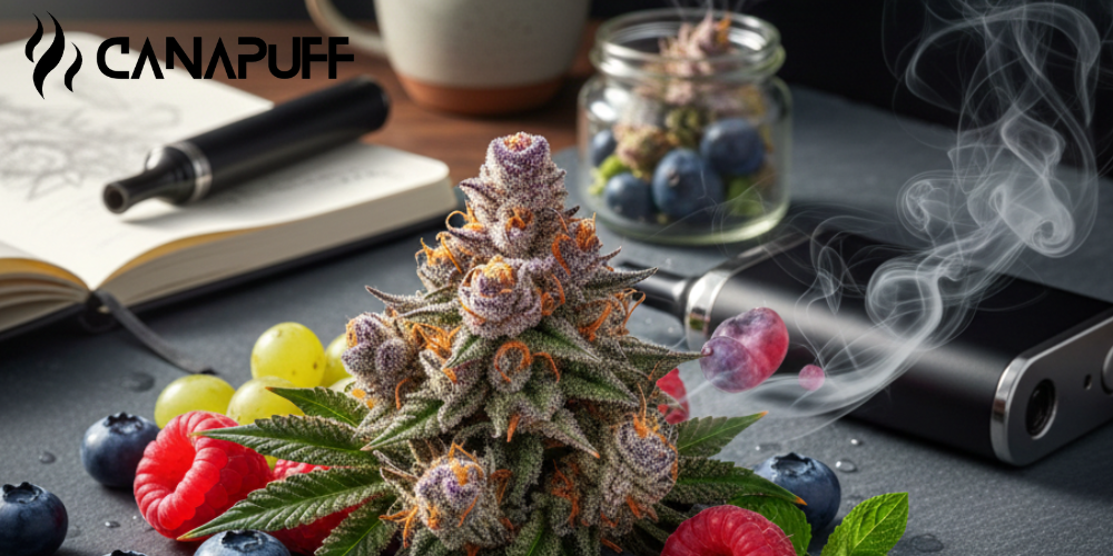 Cannabistop omringd door bessen, vape-apparaat en pot in een lifestylesetting
