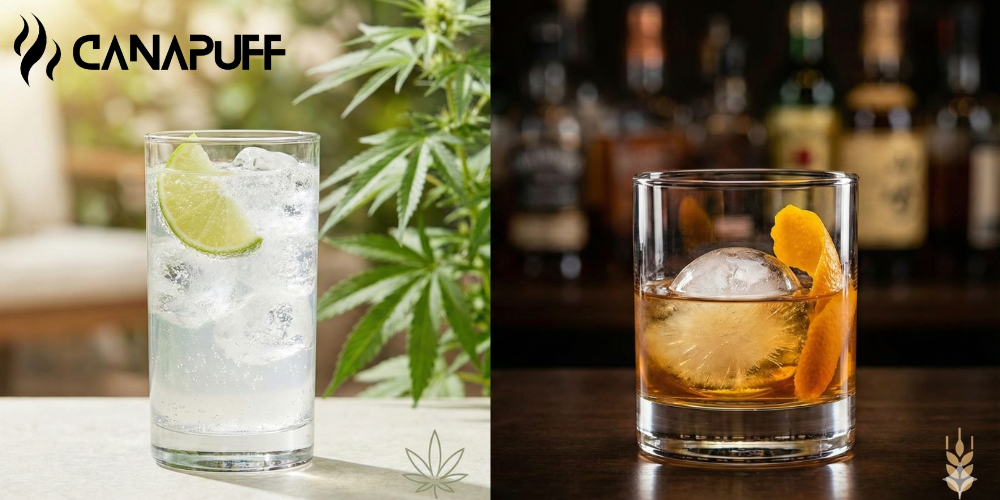Canapuff-logo met twee cocktails: een heldere drank met limoen en een amberkleurige sterkedrank met ijs, cannabisplant zichtbaar op de achtergrond