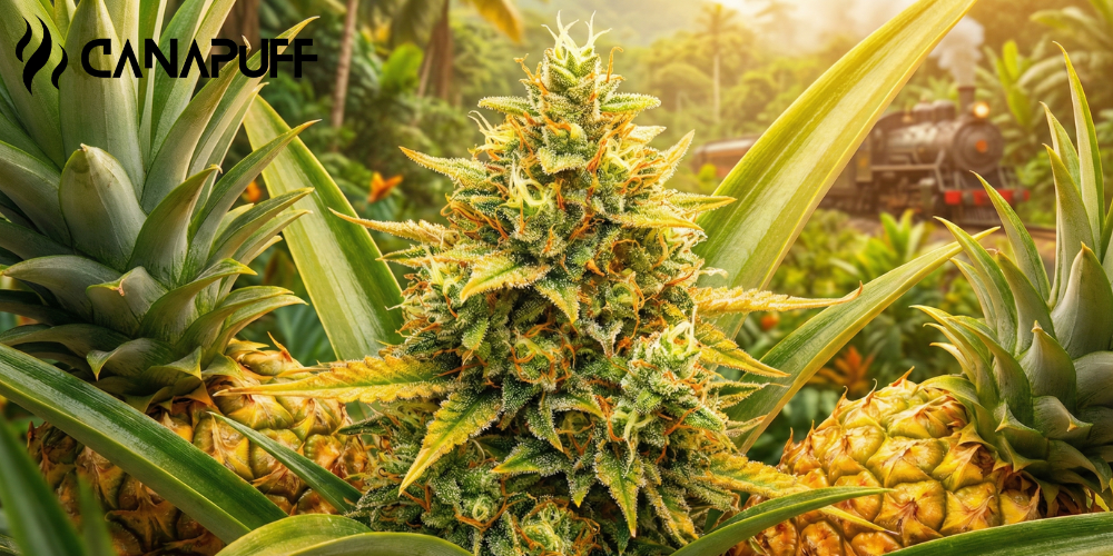 Pineapple Express cannabis Strain in bloei tussen ananasplanten in een tropische tuin