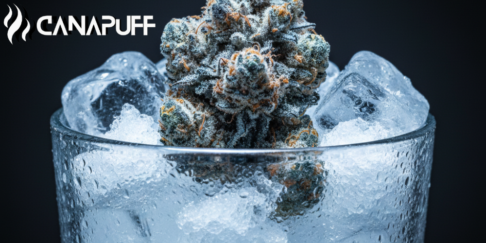 Canapuff cannabisbloem in een berijpt glas met ijsblokjes