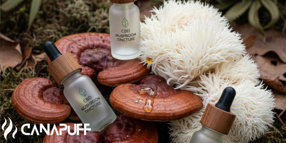 Canapuff CBD-paddenstoelentinctuurflesjes omringd door reishi en pruikzwam