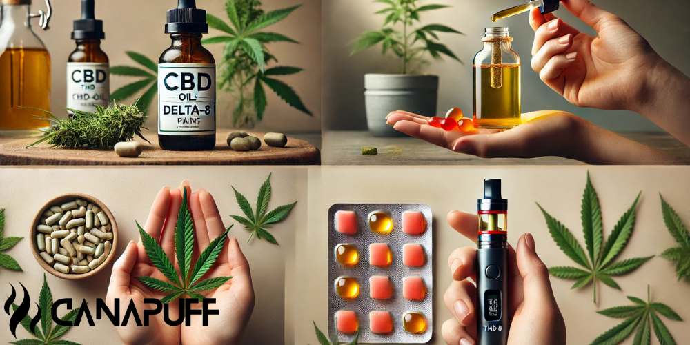 Collage met CBD-olieflesjes, Delta-8-gummies, cannabiscapsules, vape pen en Canapuff-logo met hennepbladeren