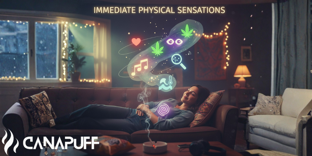 Illustratie van een persoon op de bank met geanimeerde iconen die effecten en sensaties van cannabis tonen, waaronder een hart en muzieknoten