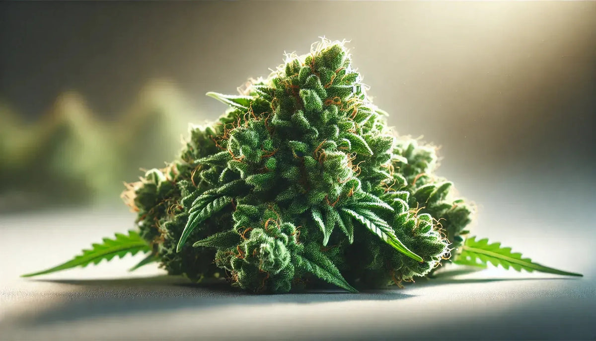 Fotorealistisch beeld van verse Cannabis Bloemen met natuurlijk licht en een zachte achtergrondonscherpte.