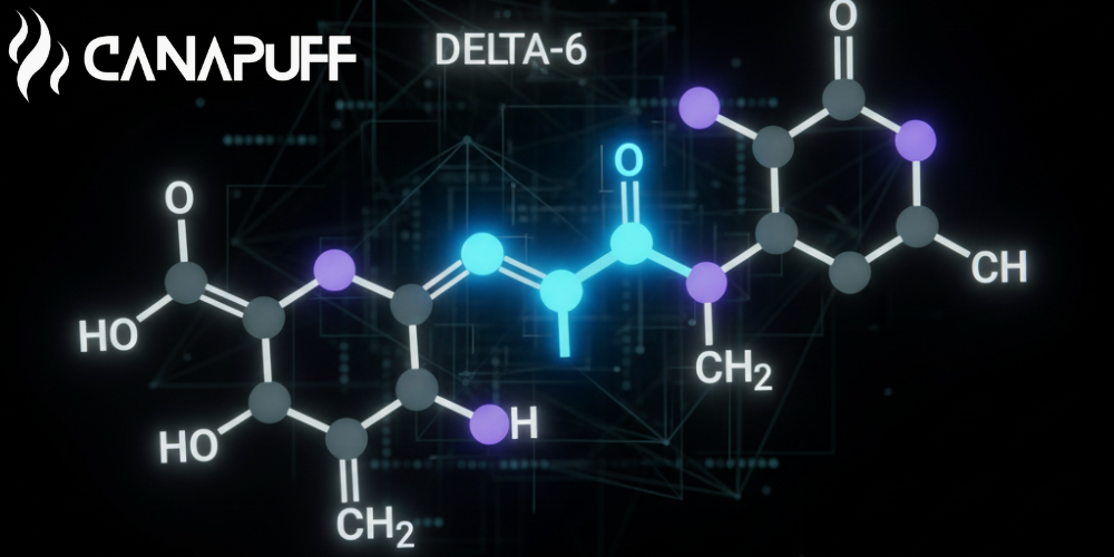Canapuff-logo met illustratie van de moleculaire structuur van Delta-6 op een tech-achtergrond