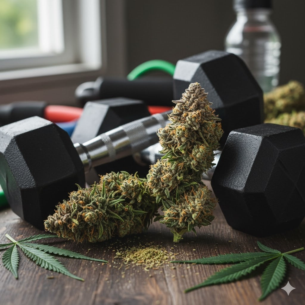 Cannabistoppen met halters, vape pen en bladeren op een houten ondergrond