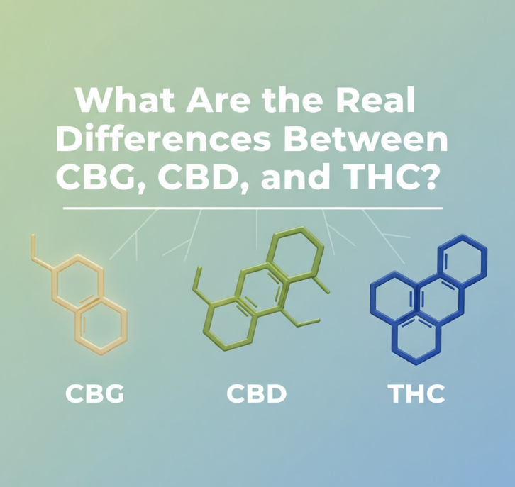 Illustratie van de moleculaire structuren van CBG, CBD en THC op een achtergrond met kleurverloop