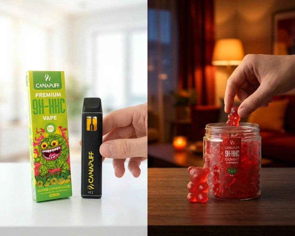 Canapuff 9H-HHC-vape en -gummies naast elkaar in een lifestylesetting