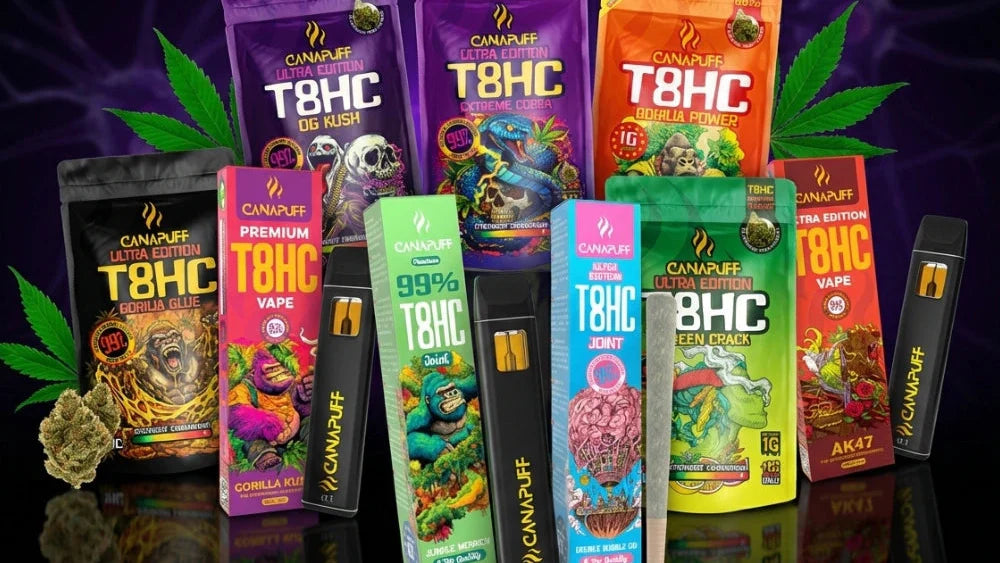 Canapuff T8HC-productlijn met pouches, vapes en joints in verschillende smaken