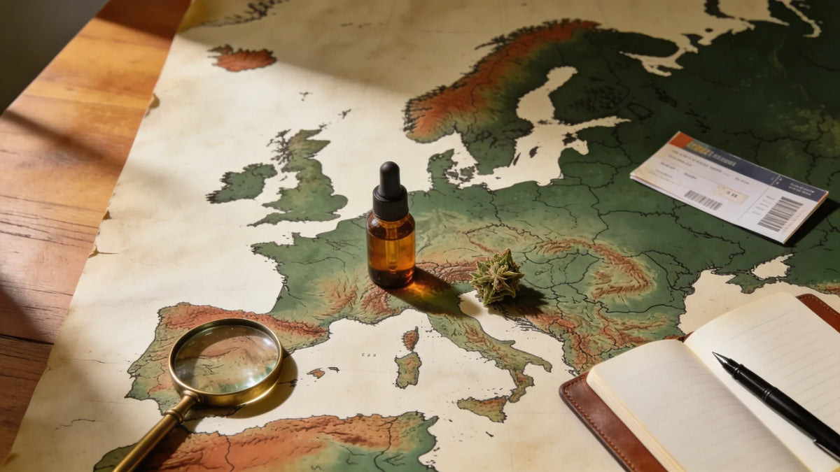 Amberkleurig druppelflesje en cannabisbloem op een kaart van Europa met vergrootglas en notitieboekje