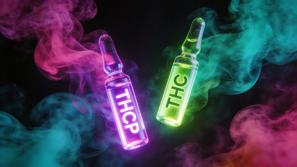 THCP vs THC vergelijking — twee neonverlichte flesjes die het verschil in potentie tussen de cannabinoïden THCP en THC laten zien
