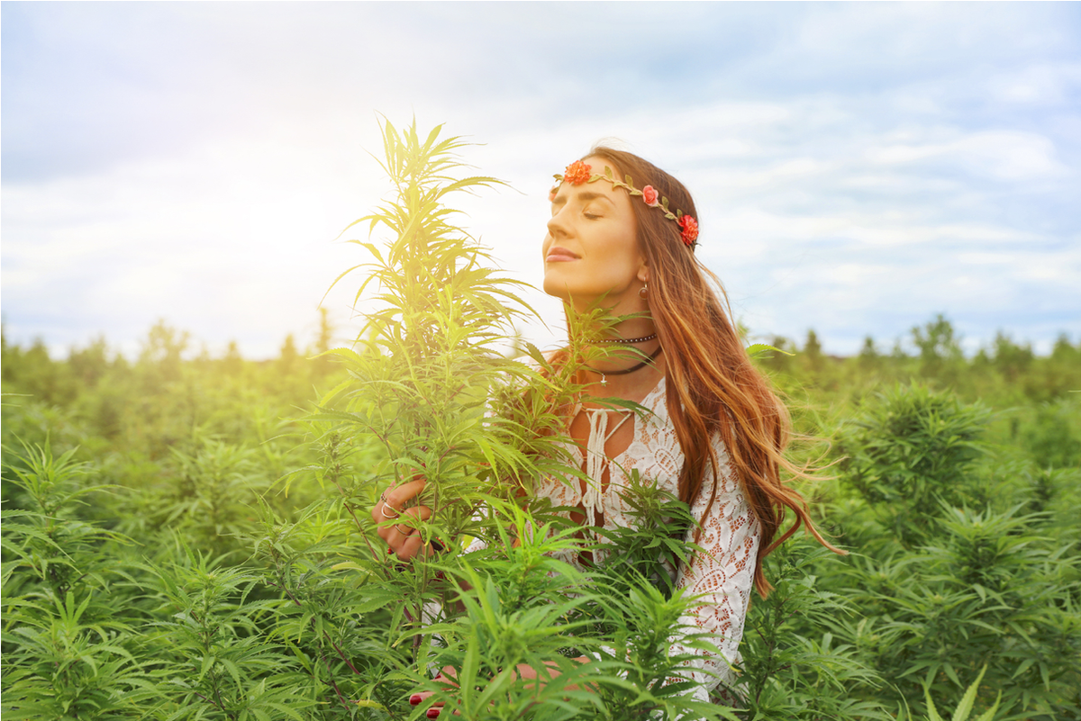 Vrouw met bloemenkrans in een bloeiend cannabisveld onder een blauwe lucht