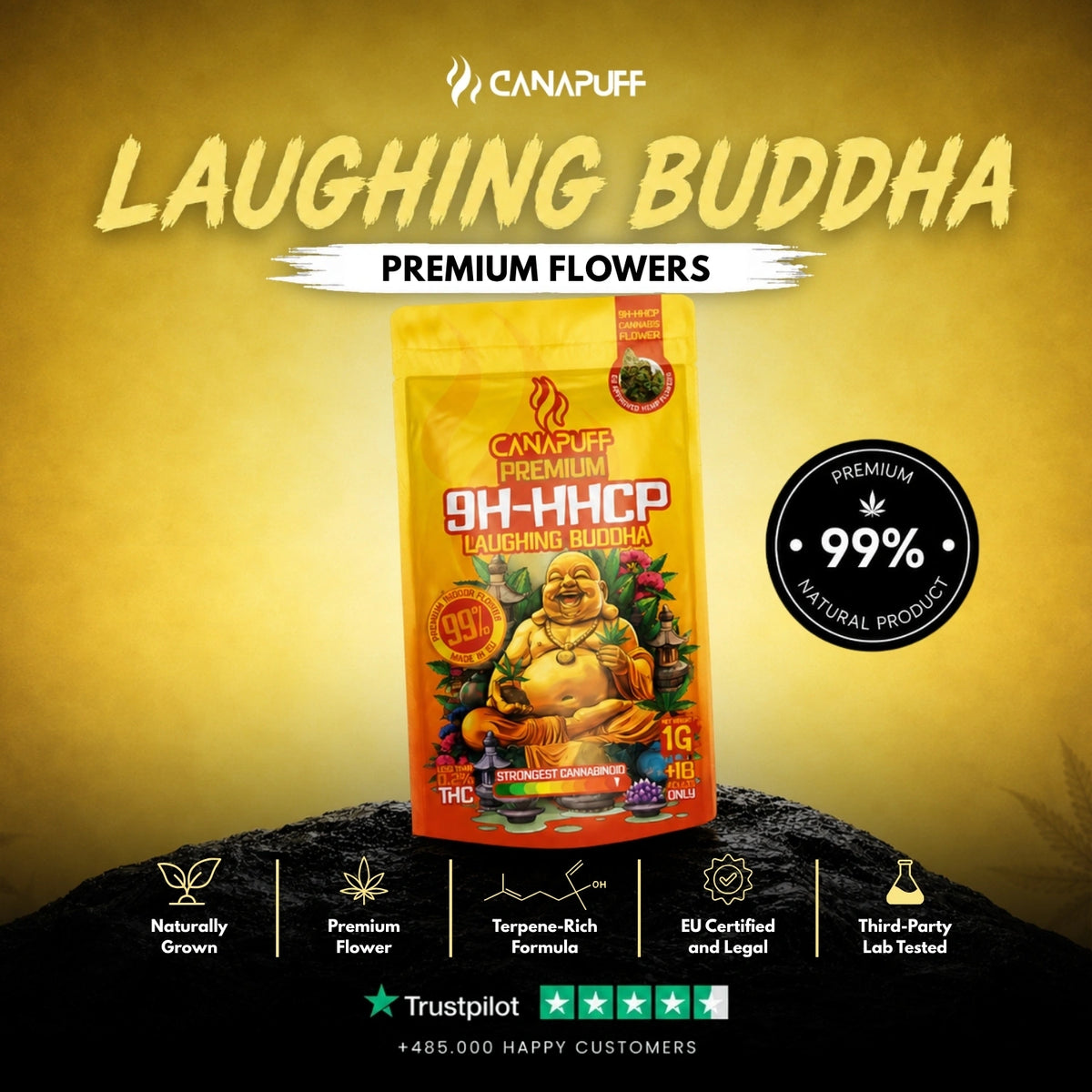 9H-HHCP Bloemen Laughing Buddha 99% – bloemtoppen, foto 2