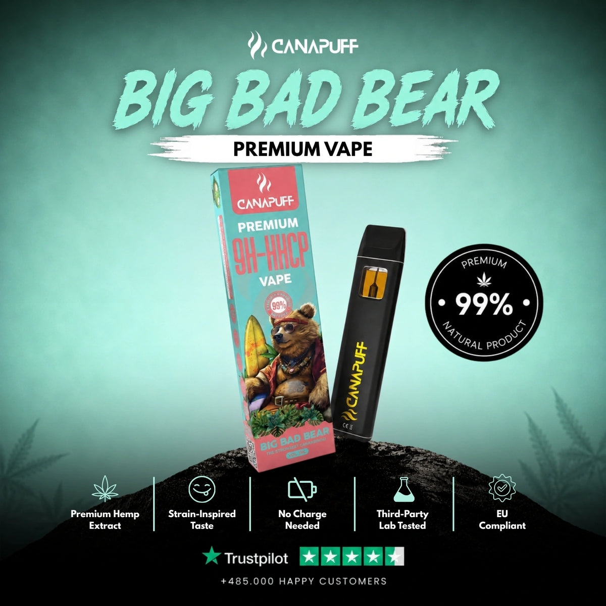 9H-HHCP Vape Big Bad Bear 99% 1ml – wegwerp-vape-pen, foto 2