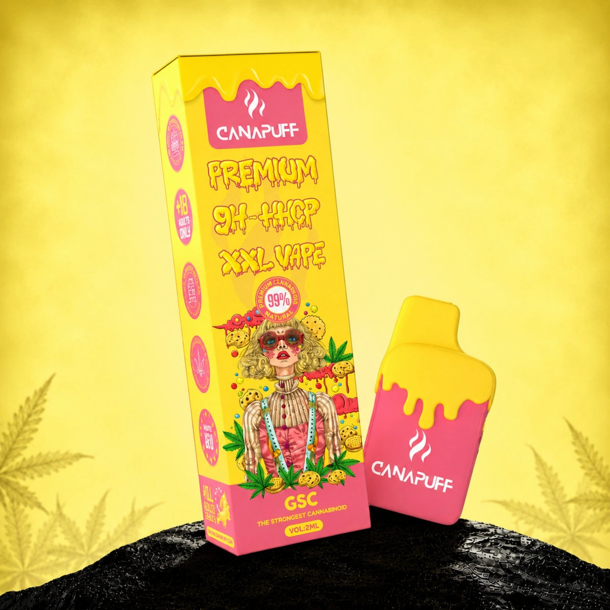 Canapuff 9H-HHCP XXL Vape GSC 99% 2ml wegwerppen met gele en roze verpakking