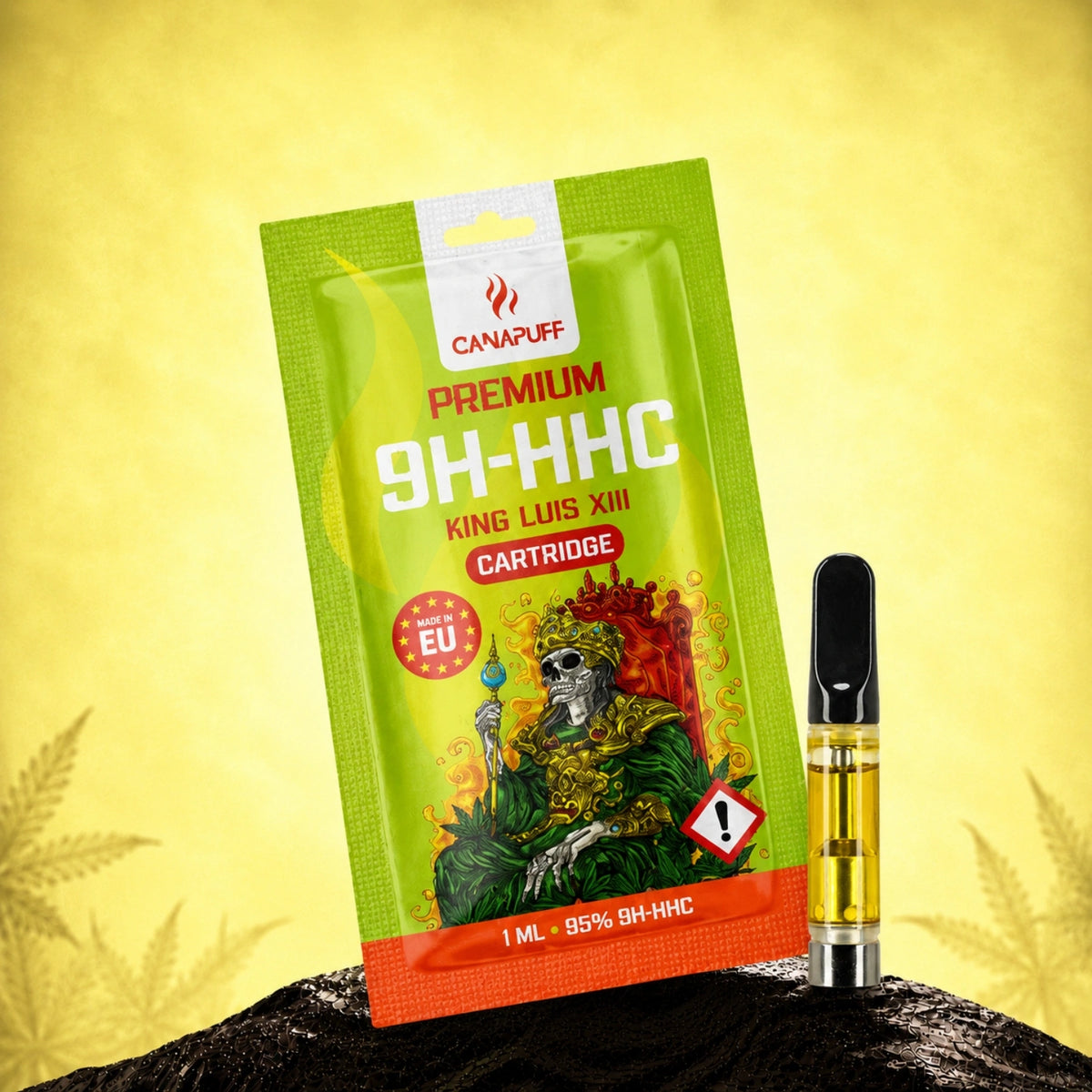 Canapuff 9H-HHC cartridge King Luis XIII, 1 ml, 95%, met verpakking op gele achtergrond