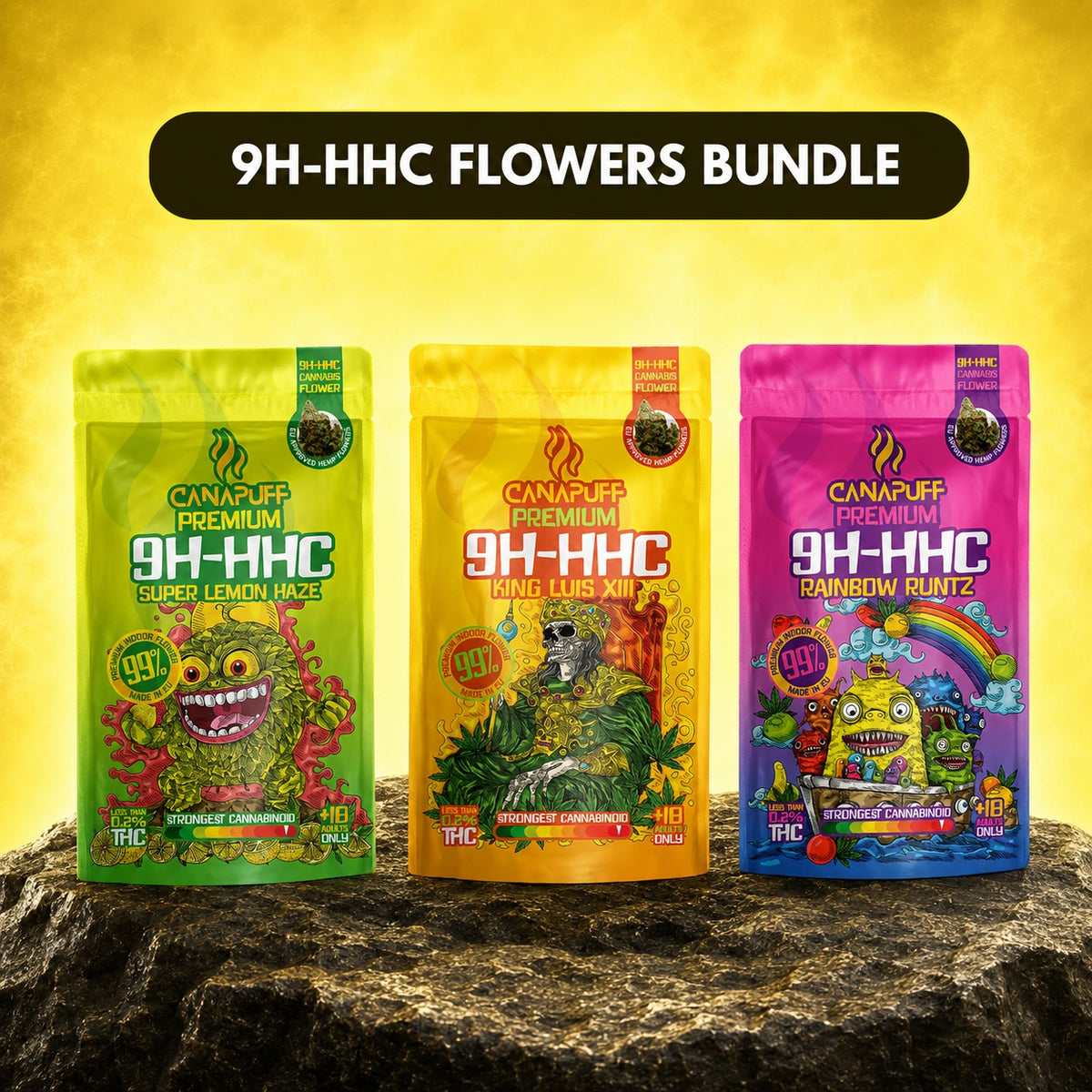 Canapuff 9H-HHC Bloemen Bundle met Super Lemon Haze, King Luis XIII en Rainbow Runtz zakjes