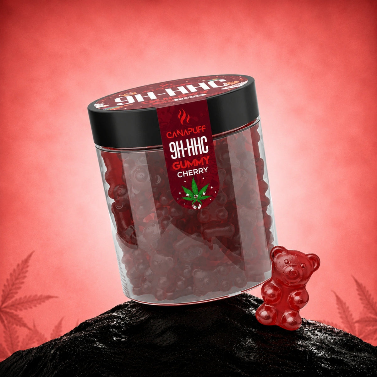 Canapuff 9H-HHC Gummy Cherry in transparante pot met zwarte deksel op koraalkleurige achtergrond