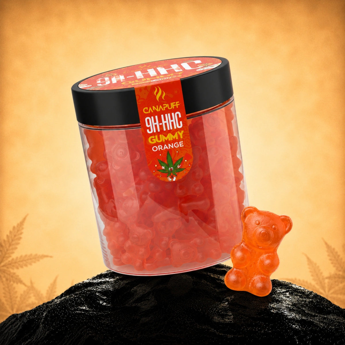 Canapuff 9H-HHC Gummies Orange in transparante pot met zwarte deksel en rood label