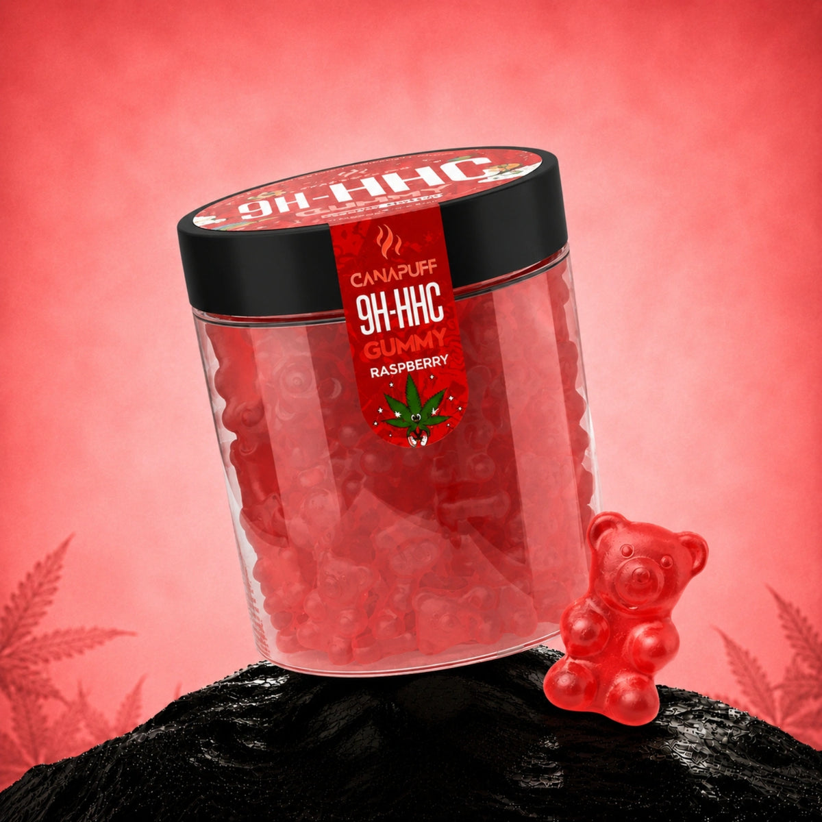 Canapuff 9H-HHC Gummies Raspberry in transparante pot met zwarte deksel op roze achtergrond