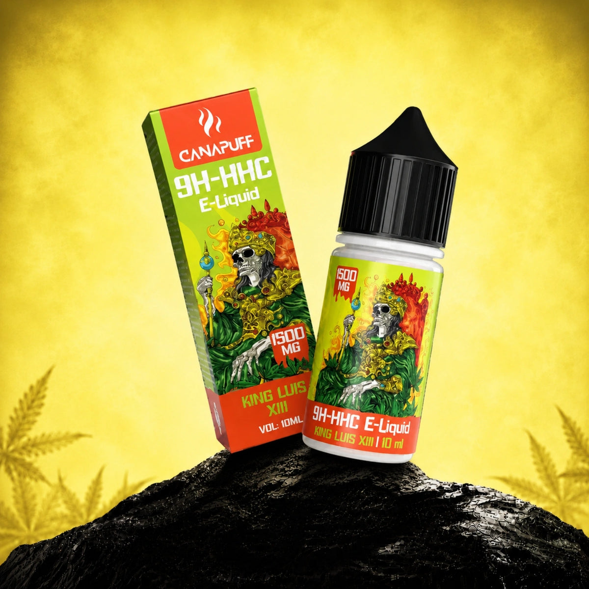 Canapuff 9H-HHC E-Liquid King Luis XIII 1500mg, 10ml flesje met doosverpakking op gele achtergrond