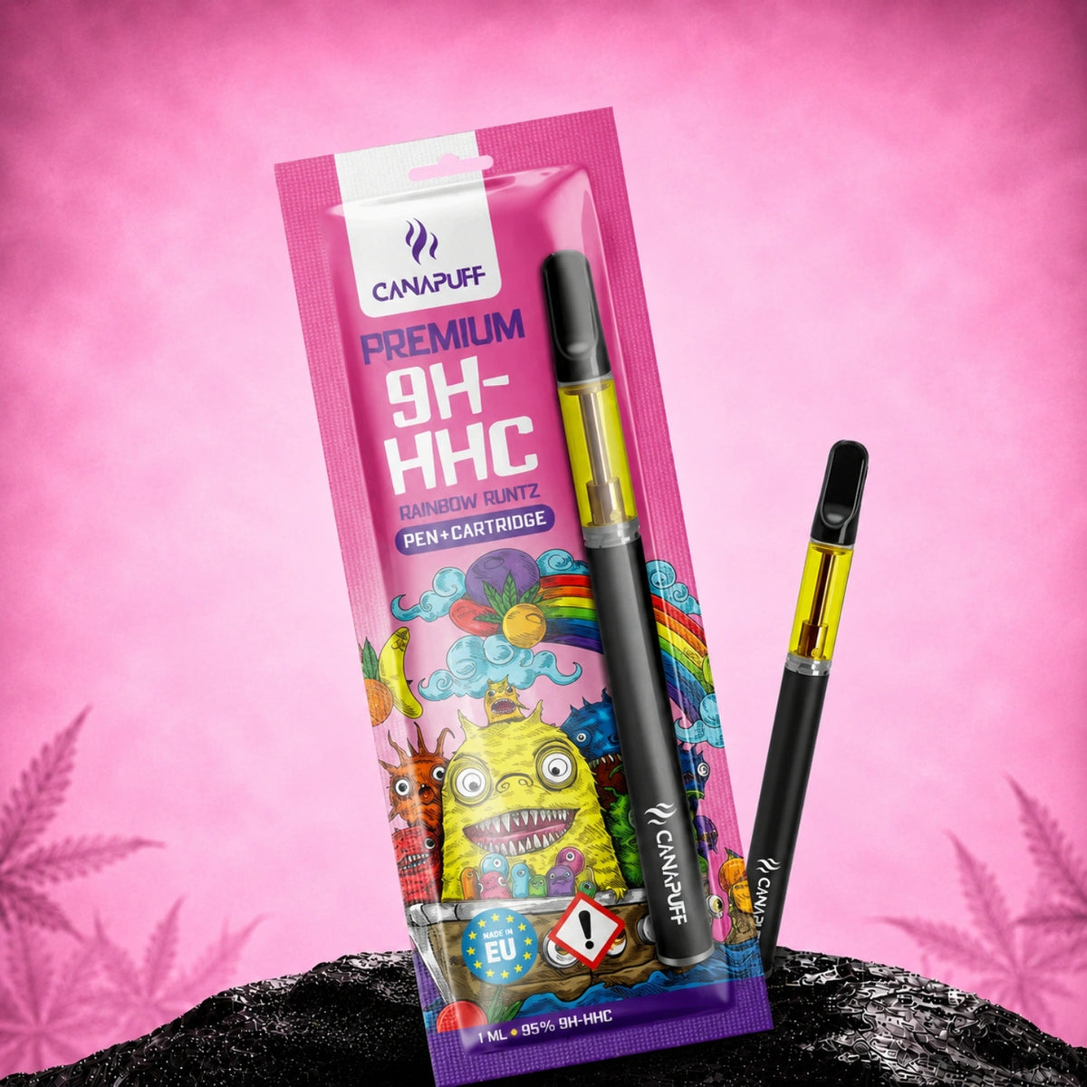 Canapuff 9H-HHC pen en cartridge Rainbow Runtz 95%, 1 ml, met kleurrijke verpakking