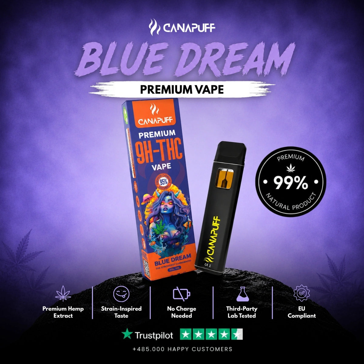 9H-THC Vape Blue Dream 95% 1ml – wegwerp-vape-pen, foto 2