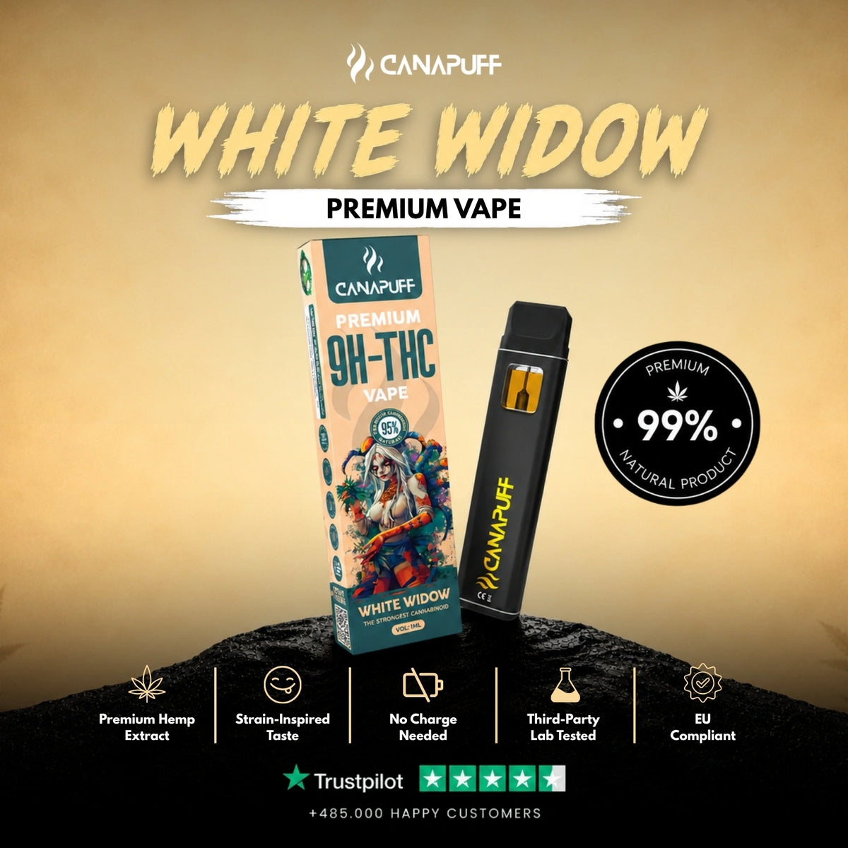 9H-THC Vape White Widow 95% 1ml – wegwerp-vape-pen, foto 2