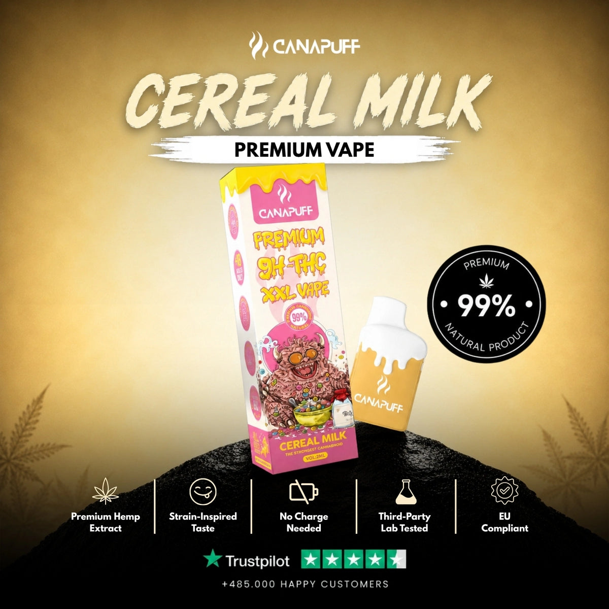 9H-THC XXL Vape Cereal Milk 99% 2ml – wegwerp-vape-pen, foto 2