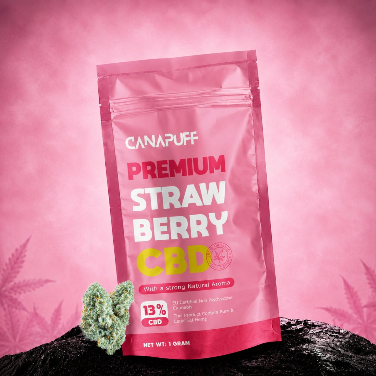 Canapuff Strawberry CBD bloemen 13%, zakje van 1 gram