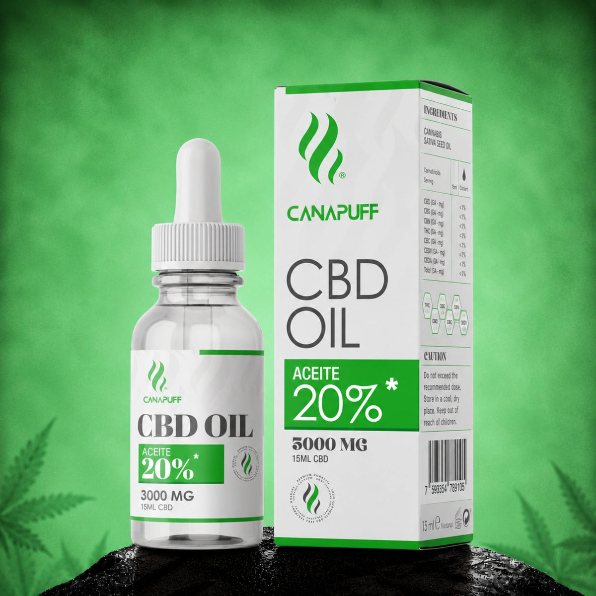 Canapuff CBD Oil 20%, 3000 mg, 15 ml pipetflesje met verpakking