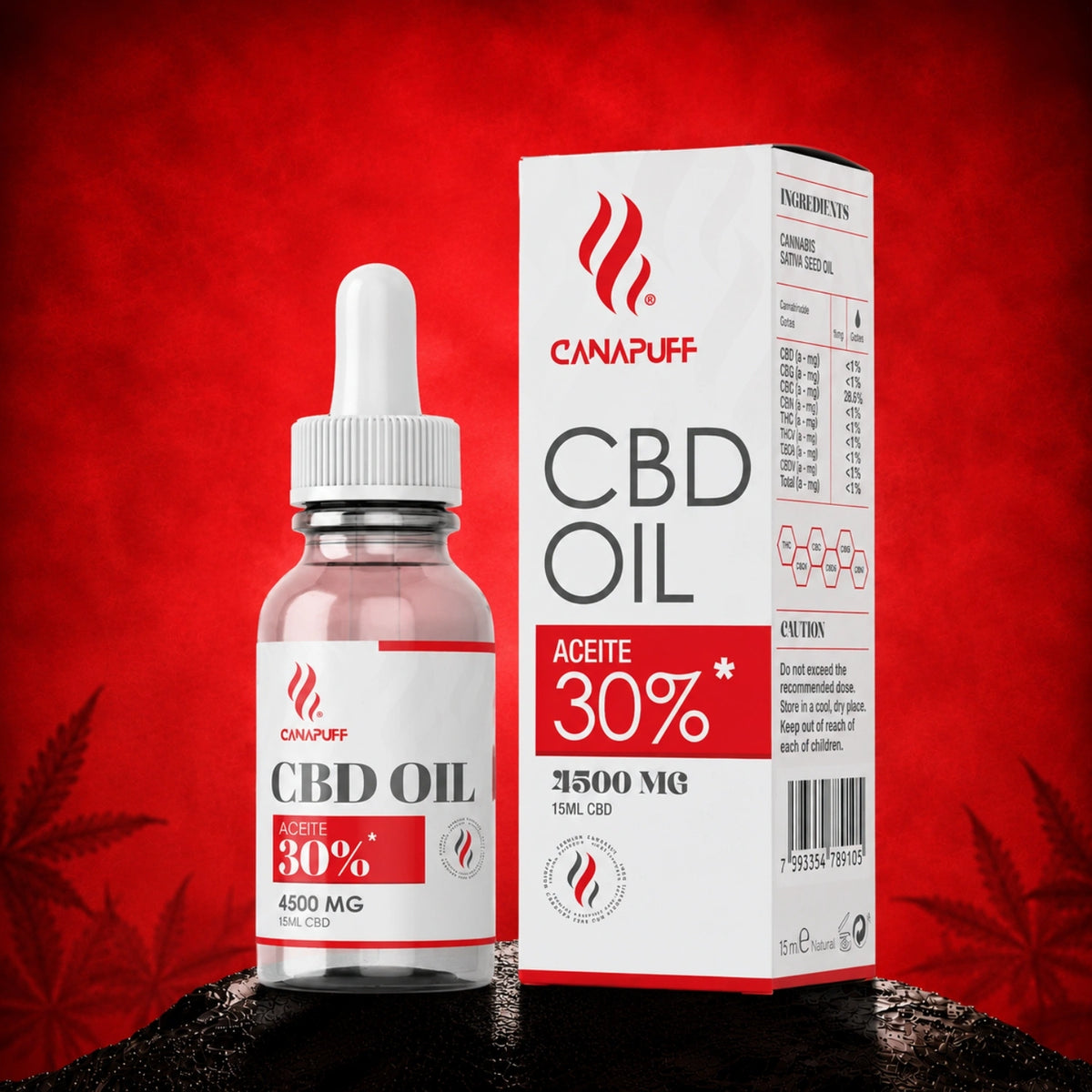 Canapuff CBD Oil 30%, 4500 mg, 15 ml flesje met pipet en doosverpakking