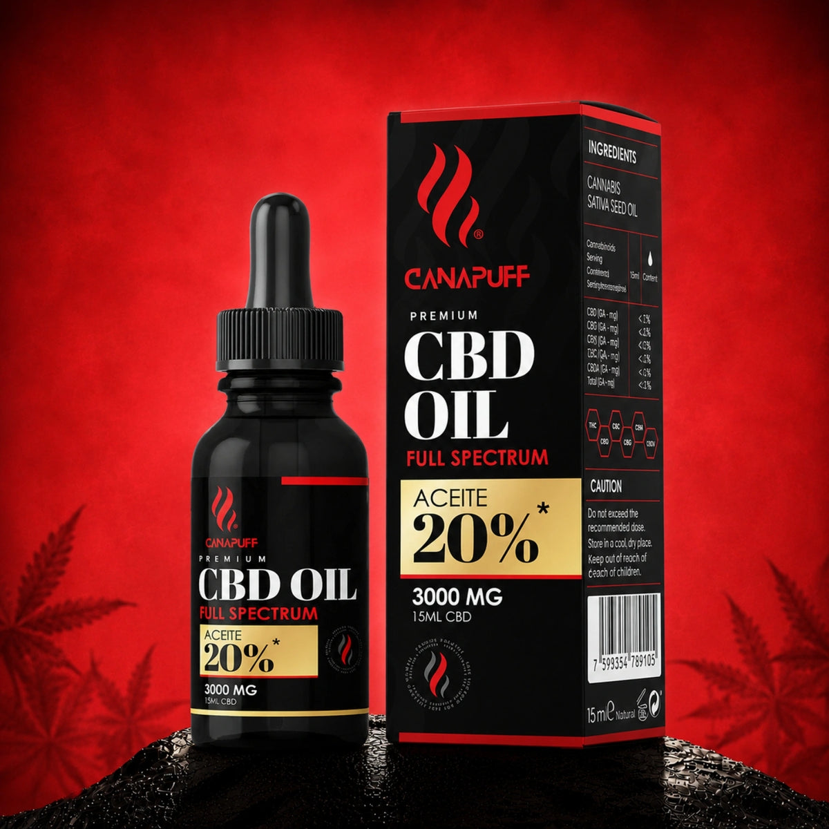 Canapuff CBD Oil Full Spectrum 3000 mg 15 ml flesje met pipet en doosverpakking