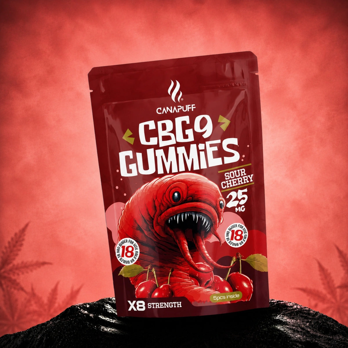 Canapuff CBG9 Gummies Sour Cherry 25 mg, 5 stuks per zakje, X8 sterkte