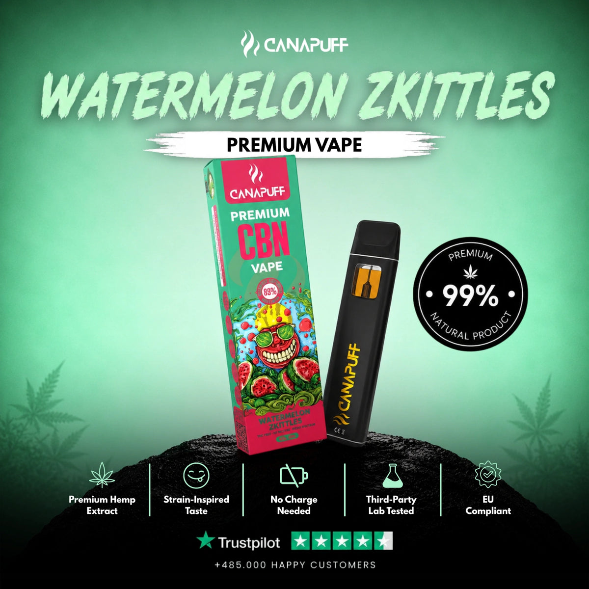 CBN Vape Watermelon Zkittles 89% 1ml – wegwerp-vape-pen, foto 2
