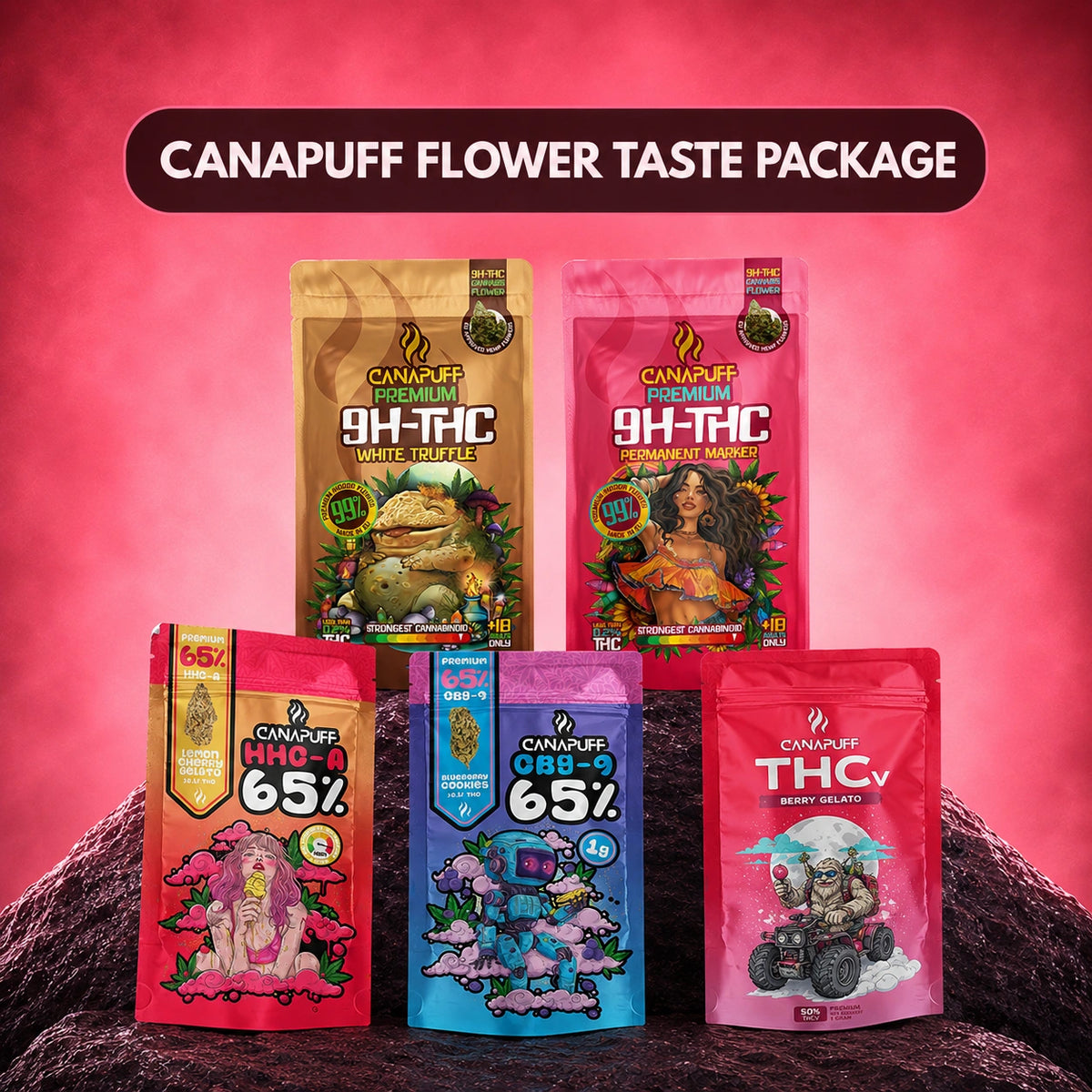 Canapuff Flower Taste Package met Delta-9 THC cannabisbloemen in meerdere smaken