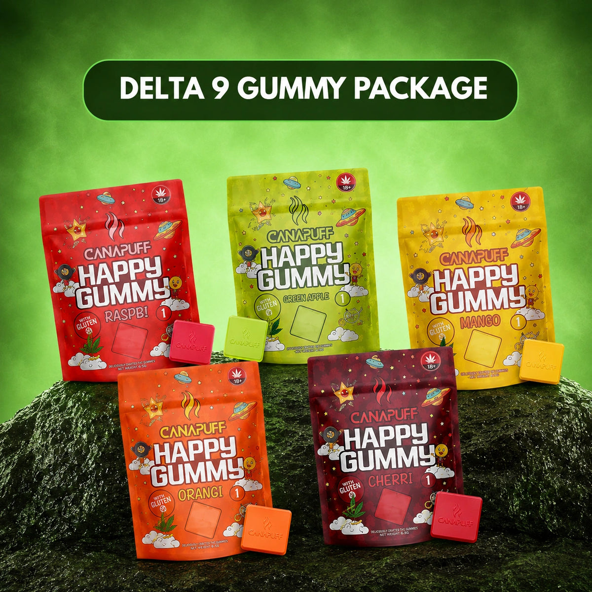 Canapuff Happy Gummy Delta-9 THC gummies, verpakking met vijf smaken, elk 5 stuks