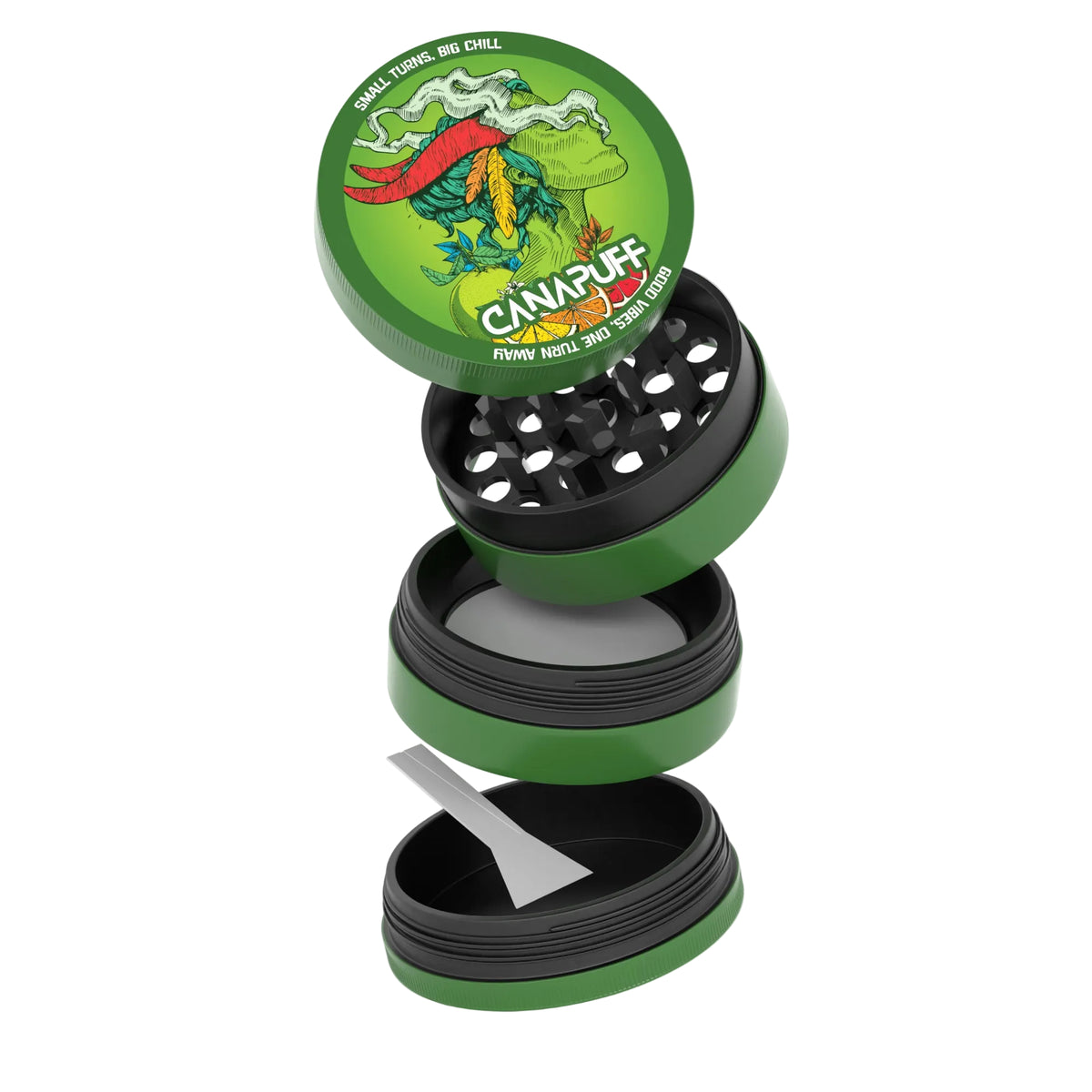 Canapuff metalen grinder met Green Crack-branding, ontwerp met meerdere kamers