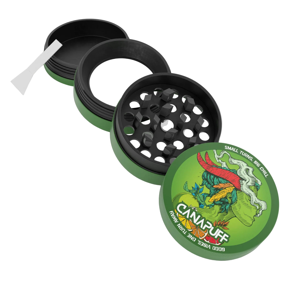 Canapuff Metal Grinder Green Crack, groen-zwarte kruidenmolen met Kief-opvangbak