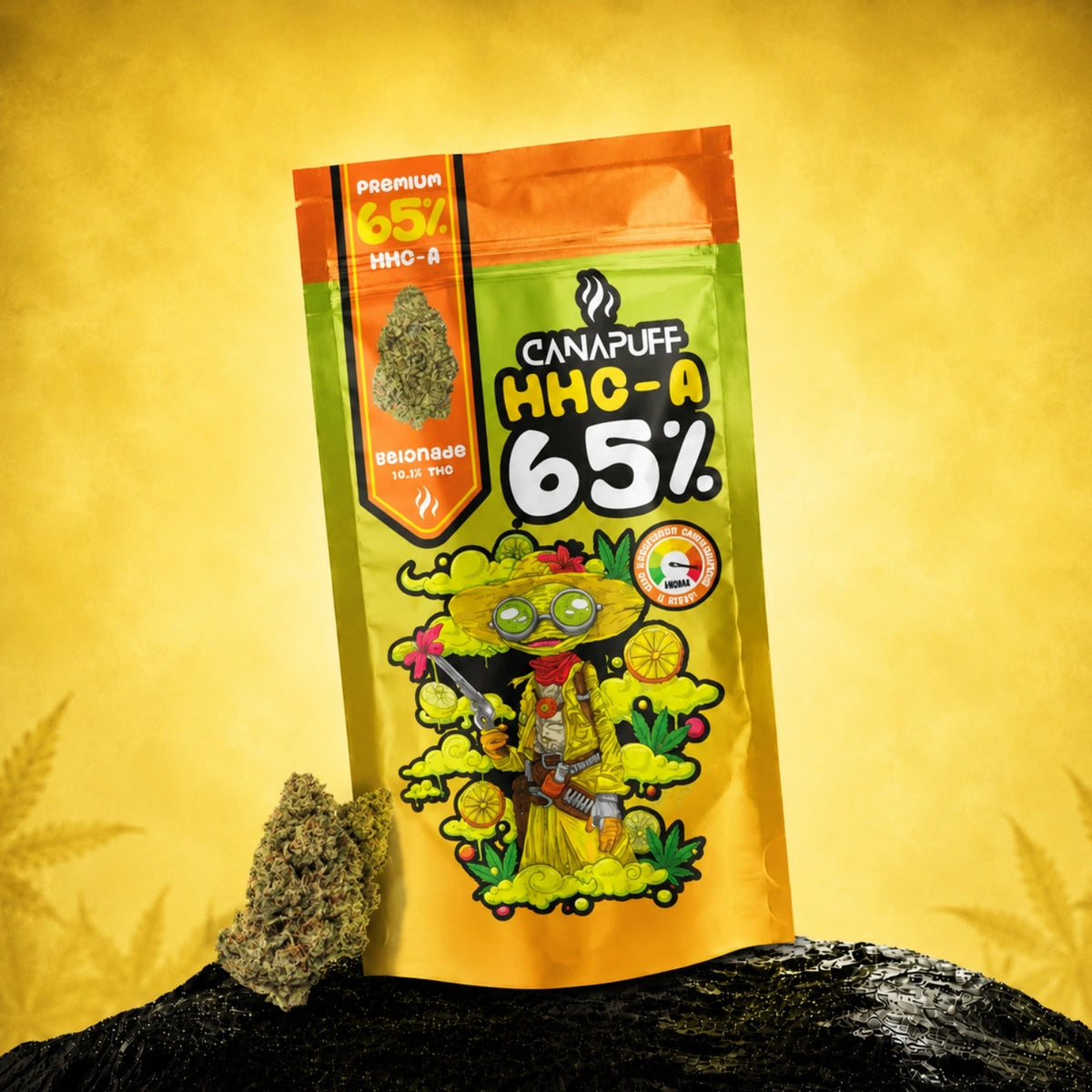 Canapuff HHC-A Bloemen Gelonade 65% zakje op gele achtergrond met cannabistoppen