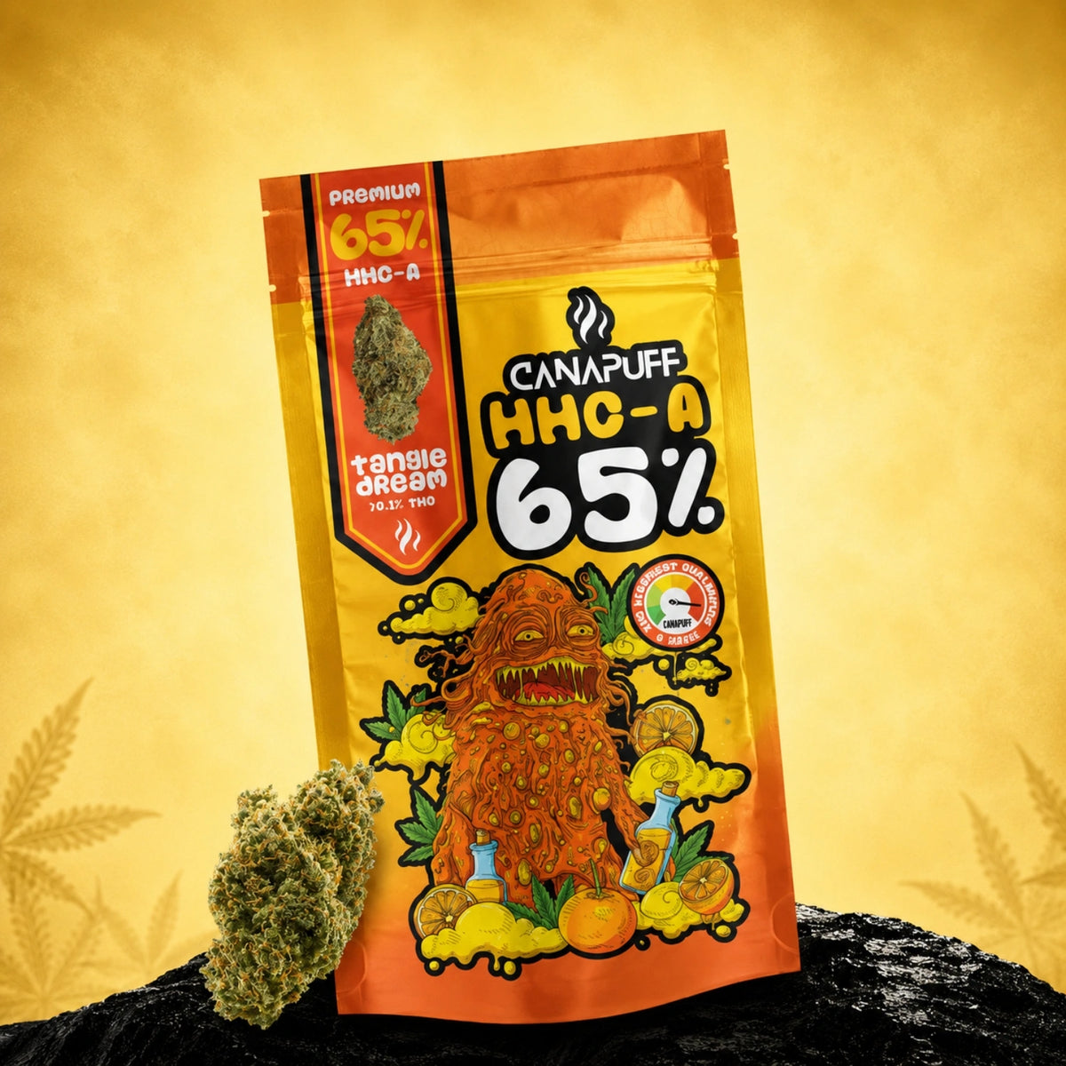Canapuff HHC-A Bloemen Tangie Dream 65% in oranje-geel zakje met zichtbare bloemtop