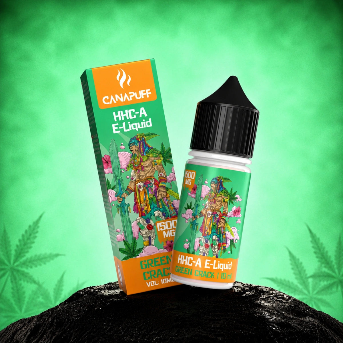 Canapuff HHC-A E-Liquid Green Crack 1500mg flesje en doosje op groene achtergrond