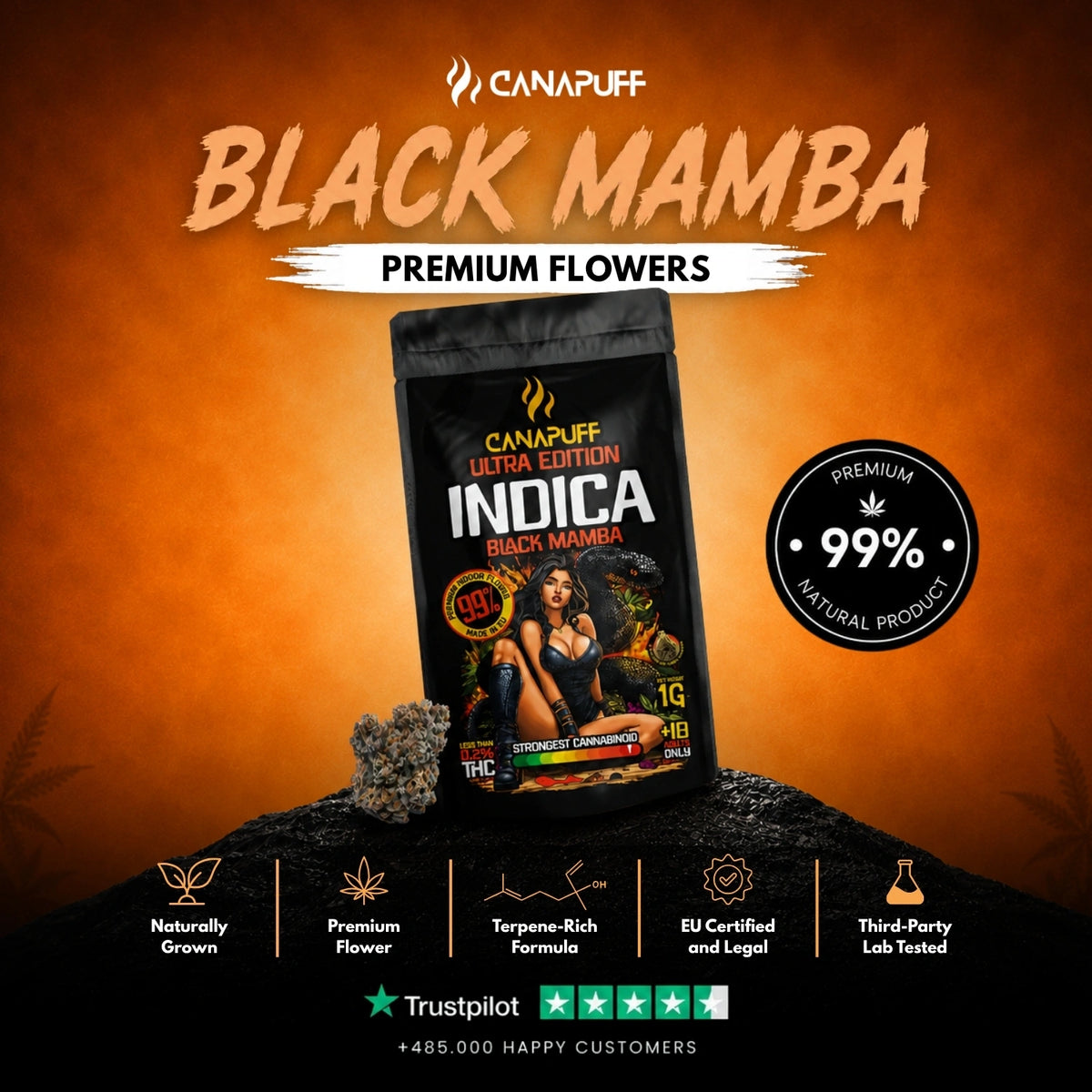 Indica Bloemen Black Mamba Ultra Edition 99% – bloemtoppen, foto 2
