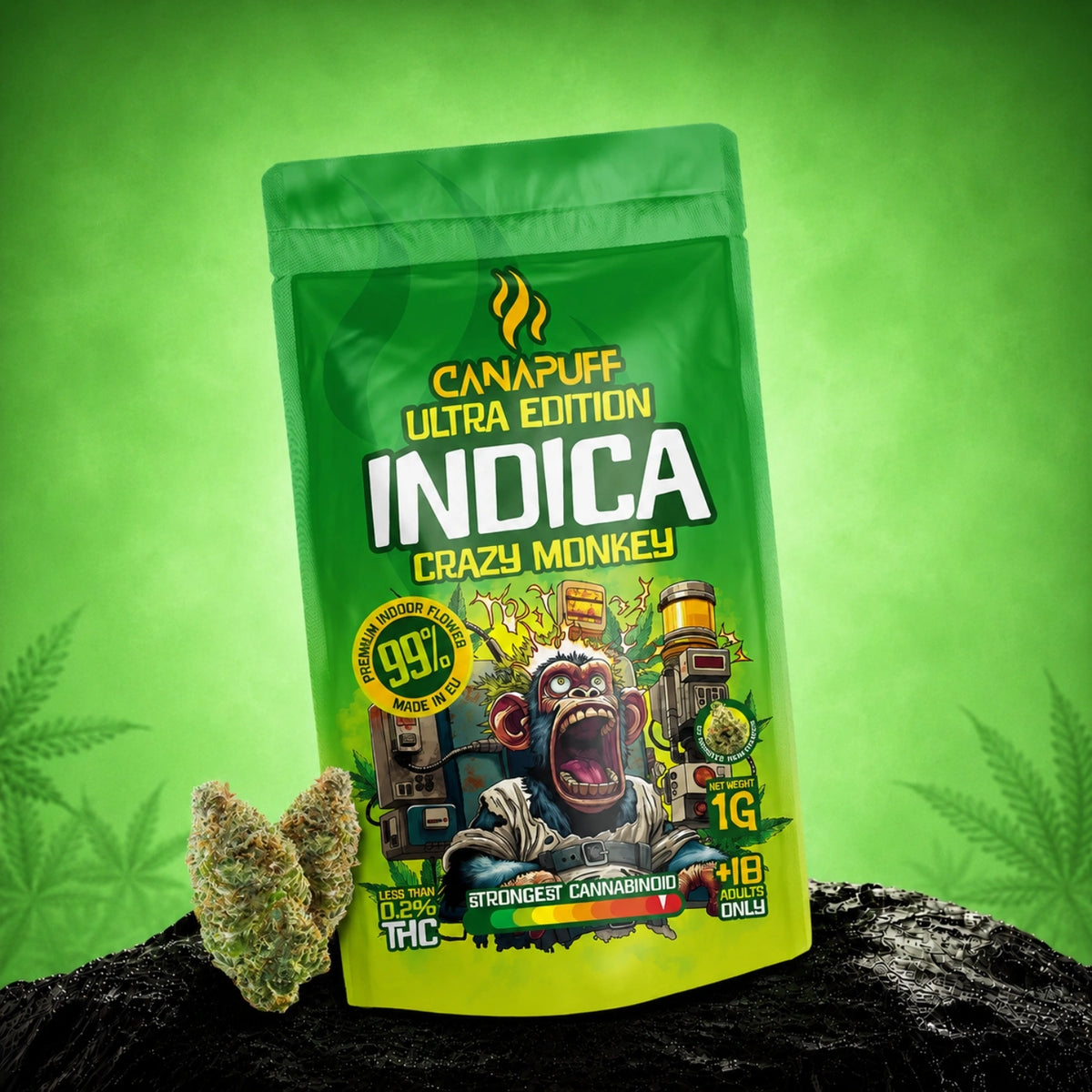 Canapuff Indica Crazy Monkey Ultra Edition bloemen, zakje van 1g, 99% cannabinoïde-sterkte