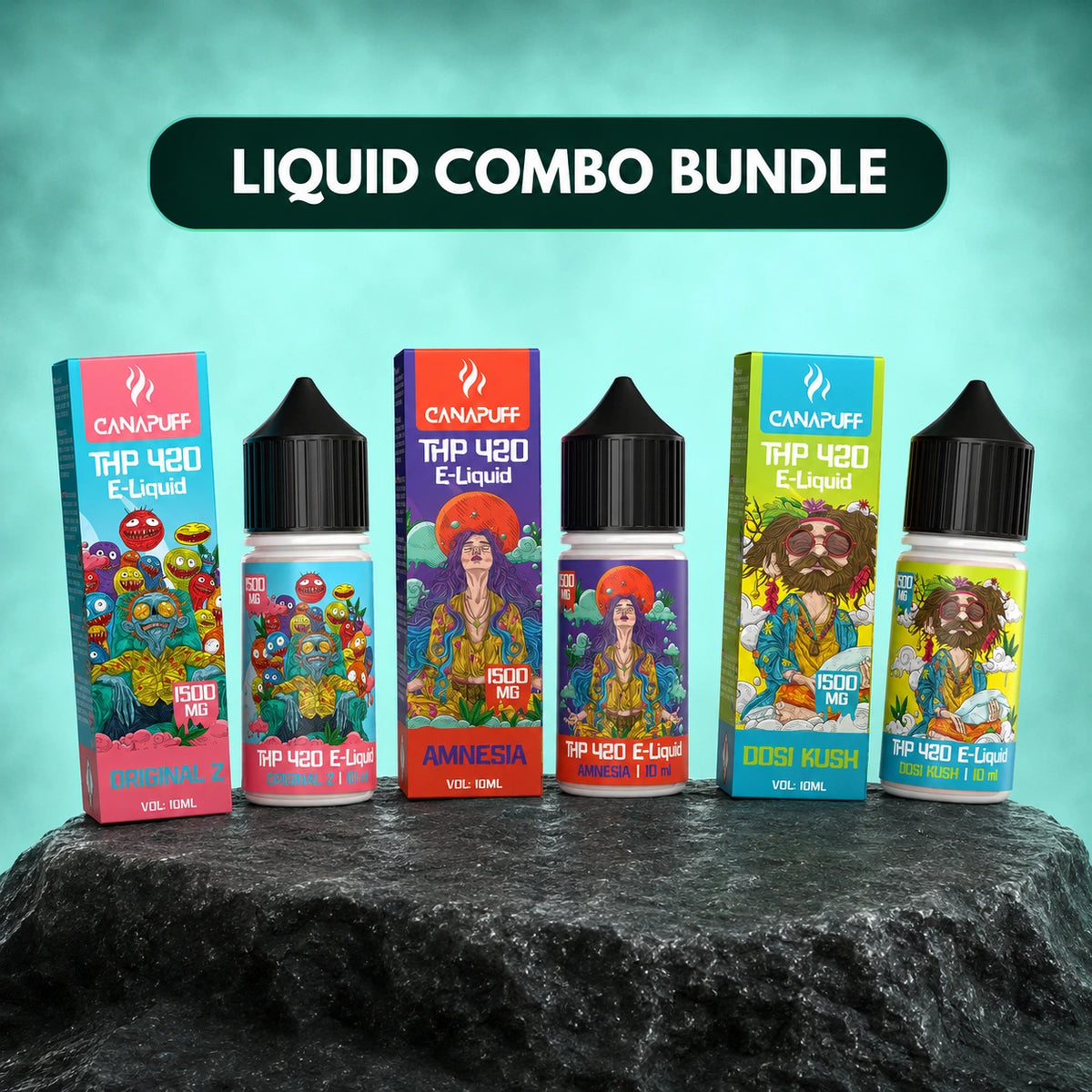 Canapuff Liquid Combo Bundle, THP 420 E-Liquid, drie flesjes van 10ml met 1.500 mg in totaal