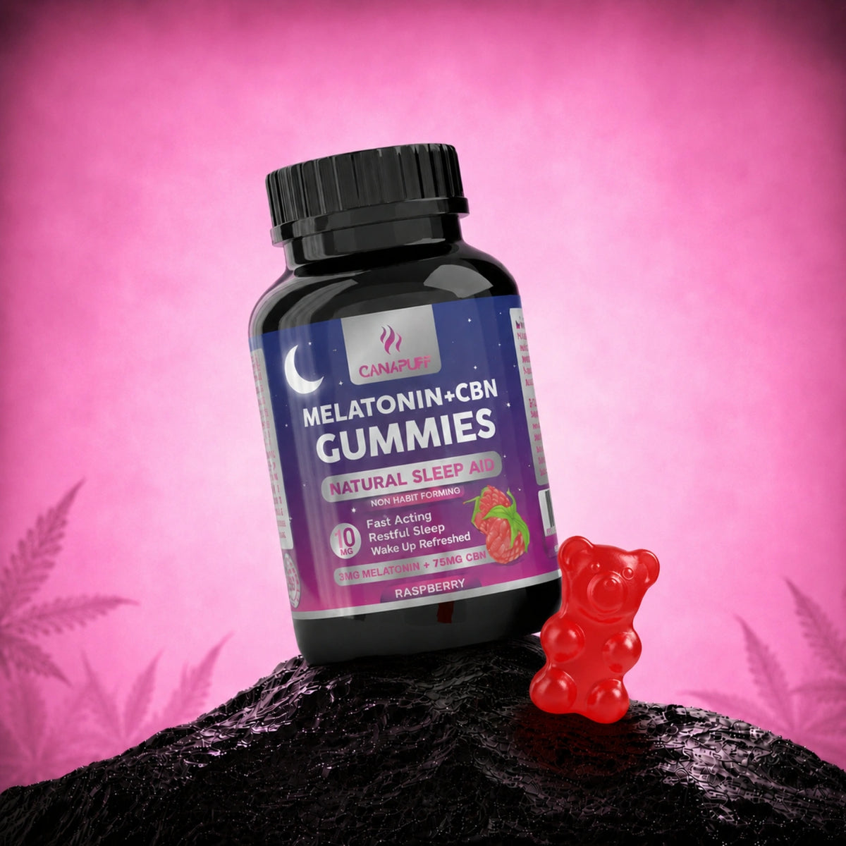 Canapuff Melatonin+CBN Gummies Raspberry, flesje met 10 stuks