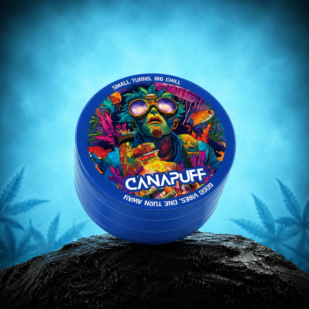 Canapuff Metal Grinder Deep, blauwe grinder met kleurrijke illustratie